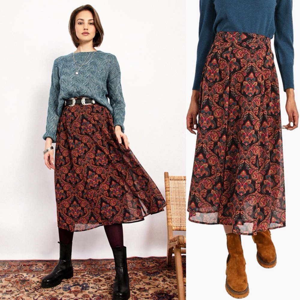 NWT MOLLY BRACKEN Anna Paisley Sheer Comfy Elastic Modest Layers Fall Midi Skirt